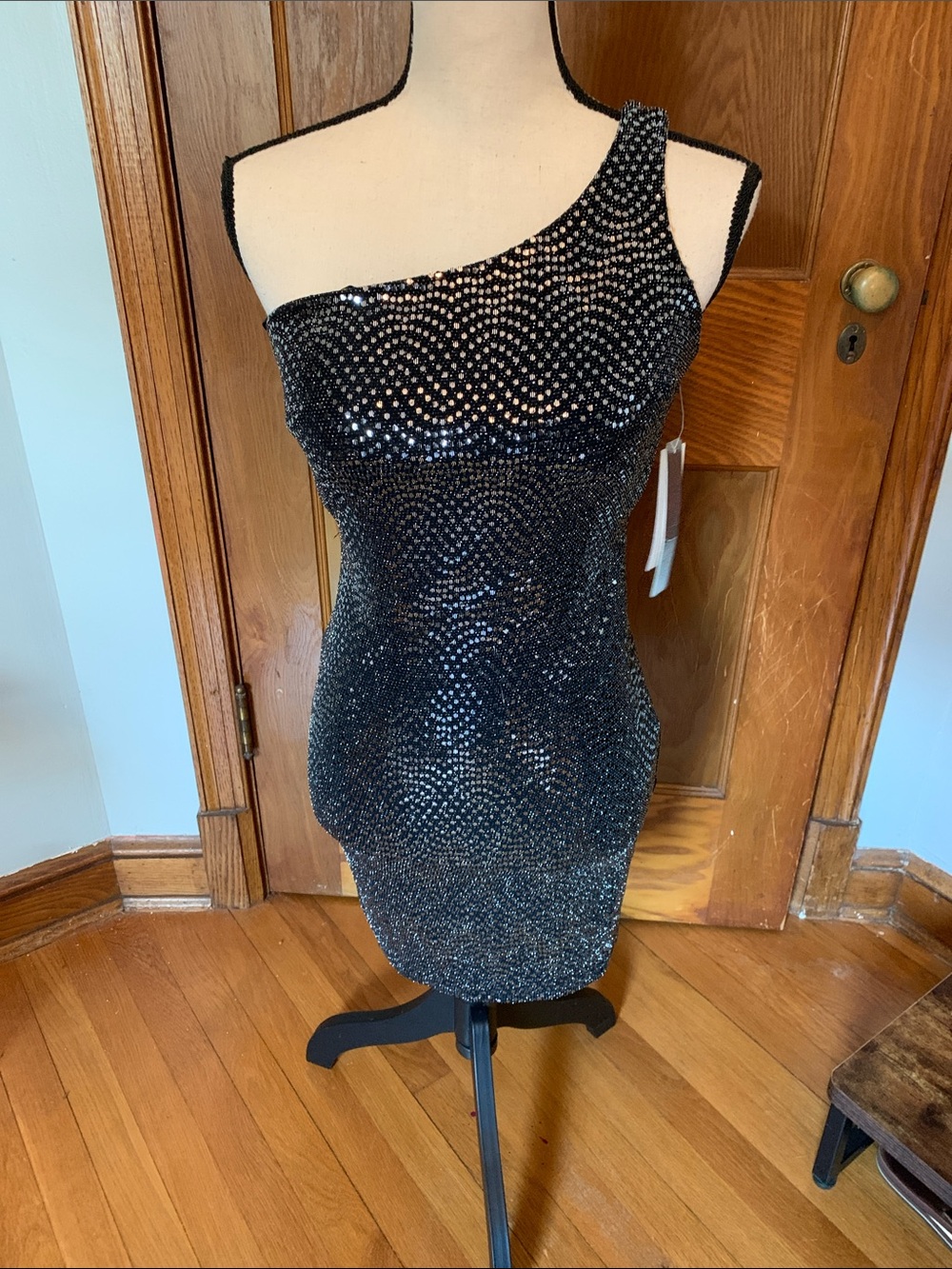 Sequin Hearts Asymmetrical One-Shoulder Black Sequin Mini Dress